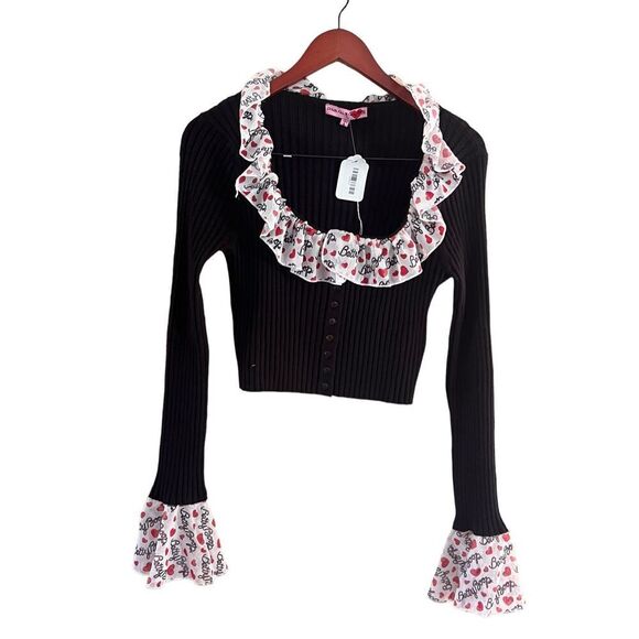 Dollskill Betty Boop Flirty Frills Black Cardigan Hearts & Logo Ruffle Trim larg - Picture 1 of 4